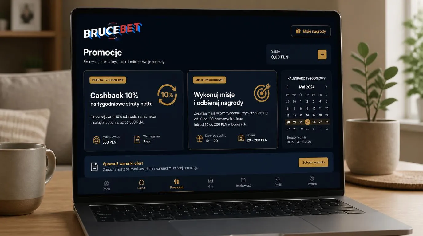 Panel promocji kasyna z tygodniowym cashbackiem i nagrodami za misje