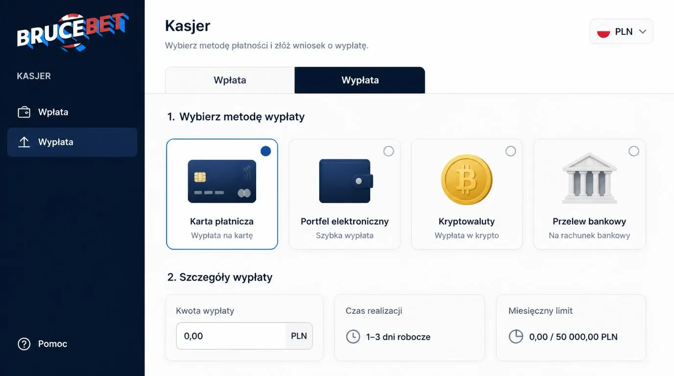 Panel kasy z wyborem karty, portfela elektronicznego, kryptowaluty i przelewu bankowego