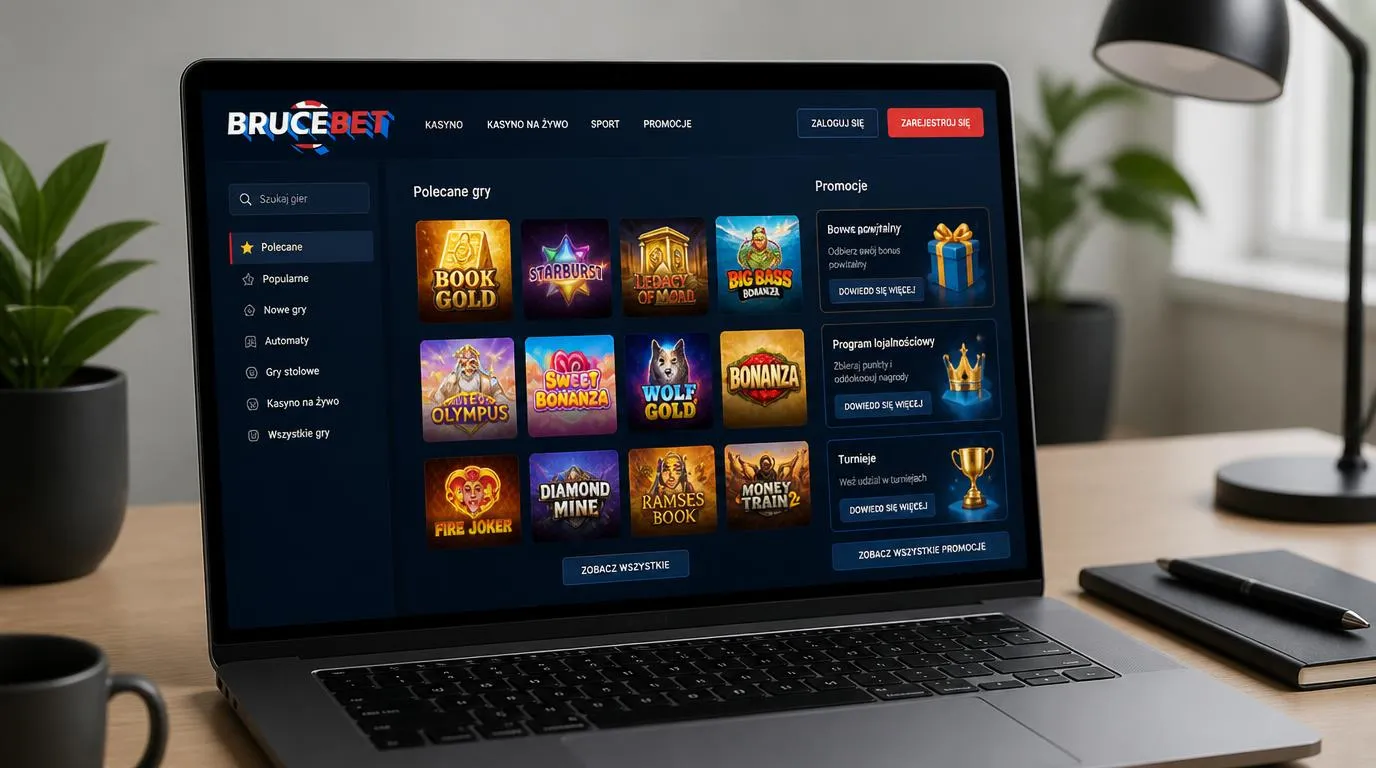 Ekran kasyna z katalogiem gier i przejrzystym panelem promocji na laptopie